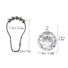 Crystal Shower Curtain Hooks Decorative Clear Bling Rings Cute Girly Glitter Luxury Elegant White Rhinestones Diamond Bathroom Accessories Rust Resistant 12 Pack (White)