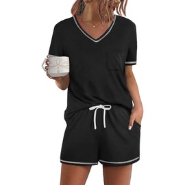 Ekouaer Women's Pajamas Sets Short Sleeve Lounge Sets Sleepwear Casual Two Piece Pjs With Pockets Black XL