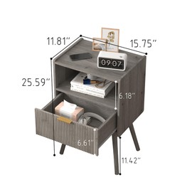 JOONEE Nightstand,Modern Bedside Table with Storage Drawer and Open Wood Shelf, for Living Room, Bedroom and Small Spaces, Accent Night Stand with Solid Wood Legs, Easy Assembly,Grey Oak