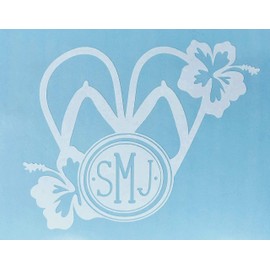 Custom Initial Monogram Decal Bumper Sticker, for Tumblers, Laptops, Car Windows - Sandal Flip Flop & Hibiscus Tropical Flower Design