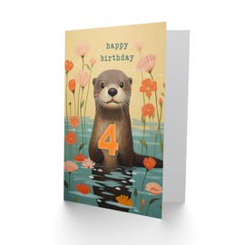 Artery8 Kids Birthday Age 4 Cute Otter Lake Flowers For Child Daughter Girl Blank Inside Greeting Card