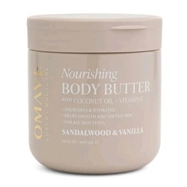 OMAVE Nourishing Body Butter with Coconut Oil and Vitamin E, Sandalwood & Vanilla Scent, 24 Fl Oz