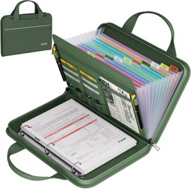 Fireproof Accordion File Organizer with Handle, 13 Pocket Expanding File Folder with Zipper & Labels, File Folder with 3 Ring Binder, Multi Pockets Paper Organizer Folder for Letter A4 Files (Green)