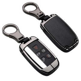 ontto Car Key Cover fit for Land Rover Zinc Alloy Leather Key Fob Cover Holder Protector fit for Range Rover Defender Discovery Evoque LR4 Sport fit for Jaguar Remote Car Key Case Keyring Black A