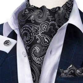DiBanGu Black Paisley Cravat Tie for Men Silk Woven Ascot Cravats and Handkerchief Set Wedding Party
