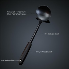 SLWHYZL Soup Ladle, 13.78 Inch Stainless Steel Ladle Spoon with Retro Beechwood Handle for Serving Cooking Sauces Gravy, Black Titanium Plating