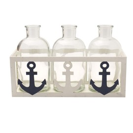 Elements Glass Vases in Nautical Anchor Wood Caddy, for Use with Faux or Dried Flowers, 10.83x3.94x7 Inch Set of 3