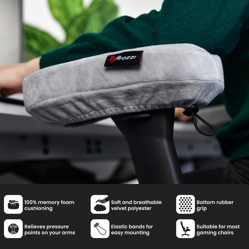 Arozzi アームレストパッド Memory Foam Armrest Pads Gray アームピロー メモリーファーム採用 調整可能なゴムバンド付属