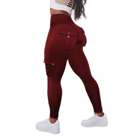Flamingals Butt Lifting Leggings with Flap Pockets Workout Cargo Leggings for Women Burgundy XS