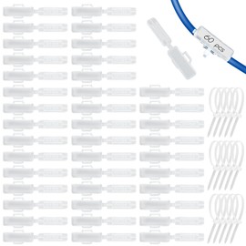 Pack of 60 Cable Labels with Cable Ties, White, Waterproof, Corrosion Resistant, Transparent Cable Labelling, Reusable Cable Labelling Clip, Snap-on Design Cable Markers
