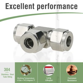 Horiznext stainless steel 304 tee compression fitting to connect 3/8 inch O.D. tube coupler, 3 way adapter for air water fuel liquid pipe hose (2 pcs)