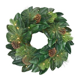 Puleo International 24 in. Pre-lit Magnolia Artificial Christmas Wreath, Green