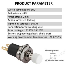 DIYhz 5Pcs Self Locking SPST Latching Type Dash ON/Off White Push Button Switch AC 250V/3A