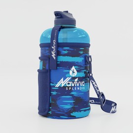 NAVIVVA SPLENDID Large 2L Water Bottle with Insulating Neoprene Cover and Straw Lid - BPA-Free, Dishwasher Safe, Portable, Eco-friendly with Carry Handle – Huge 2.2 Litre Capacity. (Blue Bubbles)