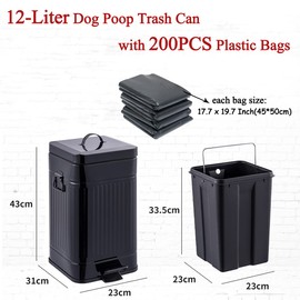 Umtiti Dog Poop Trash Can with Lid for Outdoors，12-Liter Trash Can with 200PCS Black Plastic Bags, Pet Waste Container，Black+200BK