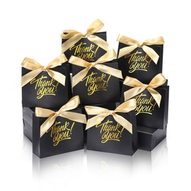 DOYIDE 30 Pack Small Thank You Gift Bags, 4.5x1.8x3.9in Party Favor Bags with Bow Ribbon, Mini Paper Gift Bag with Gold Foil Printed, Black Treat Boxes for Birthday Wedding Bridal Baby Shower