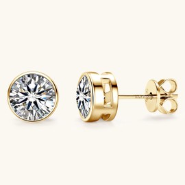 Moissanite Stud Earrings, 2CT D Color VVS1 Brilliant Round Cut Lab Grown Diamond Earrings, 18K Yellow Gold Plated Sterling Silver Bezel Stud Earrings for Women or Men