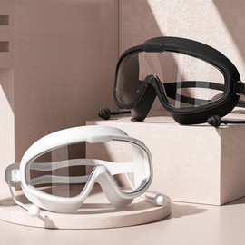 Wide View Big Lens Goggle Type Swim Goggles Built-in Earplugs White