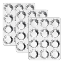 E-far 12-Cup Muffin Pan Set of 3, Stainless Steel Cupcake Pan Tins, Non-Toxic Metal Cupcake Tray for Baking Small Muffin Cakes, Heavy Duty & Regular Size, Rust Free & Dishwasher Safe