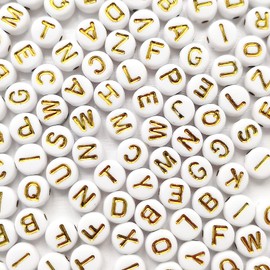 Looconi 1000 Pieces 7×4mm White Round Acrylic with Gold Alphabet Letter Beads for Jewelry Making Bracelets Necklaces Key Chains
