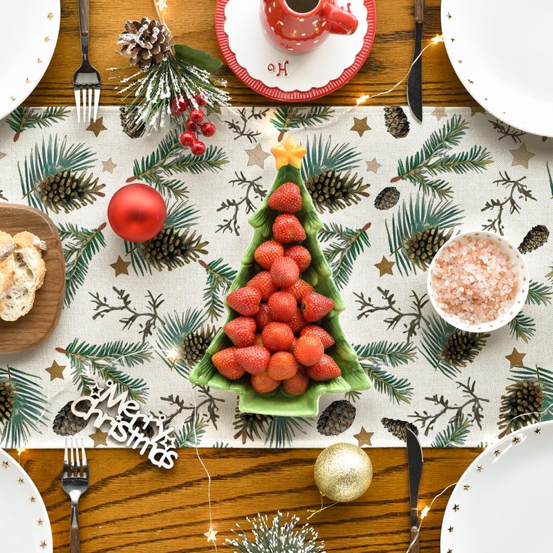 Artoid Mode Stars Leavses Pine Cone Christmas Table Runner, Seasonal