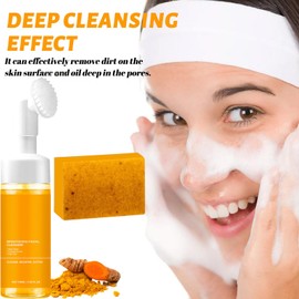 EIVJEC 4Pcs Turmeric Wash and Care Two Piece Set, Tuemeric Facial Cleanser & Turmeric Soap Combo, Face & Body Cleanser, Deep Cleansing，Bring a Bubble Net