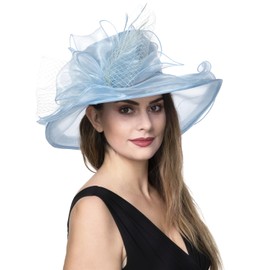 Women's Organza Church Kentucky Derby British Fascinator Bridal Tea Party Wedding Hat Summer Ruffles Cap(Hj23-Light Blue)