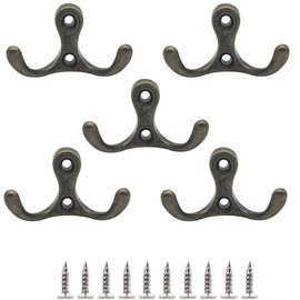 Hoshen 5-Piece Wall-Mounted Double-Fork Coat Hook, Zinc Alloy Double-Purpose Hook (Including 10 Screws), Suitable for European-Style Indoor and Outdoor Retro Home Decoration - Bronze