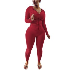 Nimsruc Two Piece Outfits For Women Long Sleeve Bodycon Tracksuit Casual Sweatsuits Jogger Sets Red M