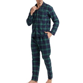 LANBAOSI Men's Pajama Sets Long Sleeve Checked Lounge Wear Set Flannel Pyjamas Plaid Top and Bottoms 2 Piece Winter Cotton Nightwear Green