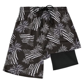 Boys Swim Trunks with Boxer Brief Liner Anti-Chafe, Boys Swim Shorts with Compression Liner, Vintage Black USA Flag Boy Bathing Suit Swimwear, Quick Dry UPF 50+ 4 Way Stretch Boy's Beach Shorts, M