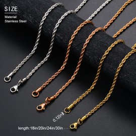 YIMERAIRE 3MM Rope Chain Necklace For Men,18k Gold Plated Stainless Steel Gold Chains, 18 Inches Silver Chain For Women, Hip Hop Costume Jewelry