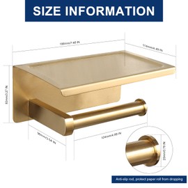 NearMoon Toilet Paper Holder with Shelf, Heavy Duty Bath Toilet Roll Holder with Phone Shelf Tissue Hanger for Bathroom/Kitchen No Drill or Wall Mounted(304 Stainless Steel, Brushed Gold)