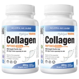 Vita-Nuage (2 PACK) Premium Marine Wild Fish Collagen 6000mg 90% High Protein Content 120 Count, 100% Pure Hydrolyzed Collagen
