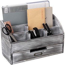 Rustic Wooden Office Desk Organizer 5 Compartment with 2 Drawer &Counter Home Desk Tabletop Desktop Mail Rack ,Storage for Pens Notebooks Folders Pencils and Office Supplies Jewelry storage box (Grey white)