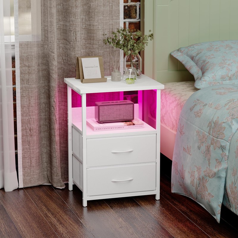 Fixwal Night Stand with Charging Station, LED Nightstand with U-S-B