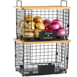 2 Set XL Stackable Wire Basket with Bamboo Tops & Tags- Pantry Organizer and Storage Bins, Kitchen Counter Cabinet Shelf Countertop Under Sink Organizing, Food Snack Produce Onion Potato Bread Storage