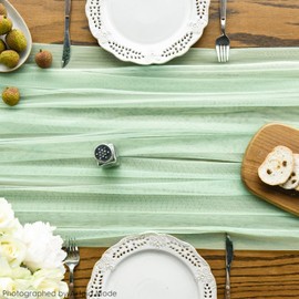 Artoid Mode Light Green Gauze Table Runner 120 Inch 10FT, Seasonal Sheer Chiffon Cheesecloth Kitchen Dining Holiday Birthday Table Decor for Home Party