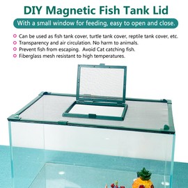 Magnetic Fish Tank Cover with Feeding Window Green Frame Grey Fiberglass Mesh, DIY Magnetic Fish Tank Lid 39"x19"(100x50CM), Preventing Fish from Jumping Out The Size can be Adjusted Smaller