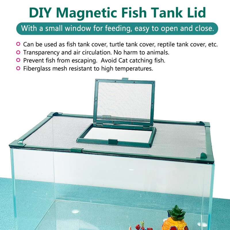 Magnetic Fish Tank Cover with Feeding Window Green Frame Grey