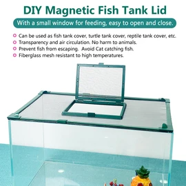 Magnetic Fish Tank Cover with Feeding Window Green Frame Grey Fiberglass Mesh, DIY Magnetic Fish Tank Lid 39"x19"(100x50CM), Preventing Fish from Jumping Out The Size can be Adjusted Smaller