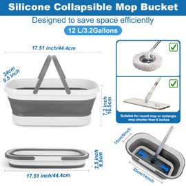 12L Collapsible Mop Bucket with Wheels, Folding Car Wash Bucket for Cleaning Supplies Mopping, Plastic Buckets with Handle Laundry Wash Basin Tub Water Pail for Fishing Camping RV Dorm Room Essentials