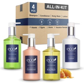 Eco Botanics Hotel Amenities Set | 10.14oz Pump Bottles | Shampoo, Conditioner, Hand & Body Wash, and Lotion | Set of 4