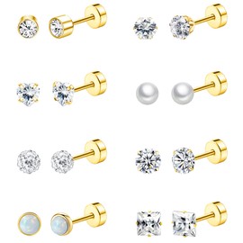 Staligue 8 Pairs Flat Back Stud Earrings for Women Hypoallergenic Stainless Steel Earrings Set Flatback Cartilage Earrings (Gold)
