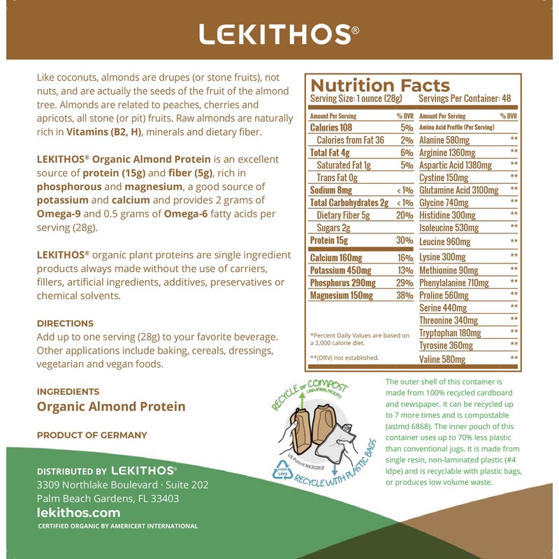 Lekithos Organic Almond Protein Powder - 3 lb - 15g