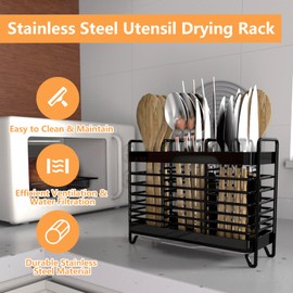 Kitchen Utensil Holder, Silverware Organizer Holder, Kitchen Counter Drainer Basket Cutlery for Flatware, Spoons, Forks, and Knives, Stainless Steel Utensil Drying Rack with Drain Tray - Black