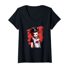 Womens Vintage 80s Punk Rock Chick Pop Star Aesthetic Anime Girl V-Neck T-Shirt