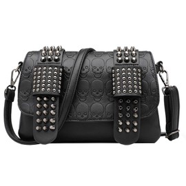 RainboSee Women Punk Skull Shoulder Top-Handle Bag Rivet Purse Handbag Chain Satchel Tote, Black, One Size