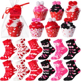 Geyoga 24 Pair Valentines Day Cupcake Socks Fuzzy Socks for Women Bulk Cozy Slipper Socks DIY Birthday Gifts (Classic)