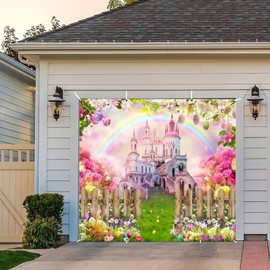 Easter Garage Door Cover 7x8ft Spring Easter Backdrop Outdoor Easter Garage Door Banner Large Easter Party Decorations Garden Castle Flowers Floral Bunny Eggs Photography Background Easter Decor